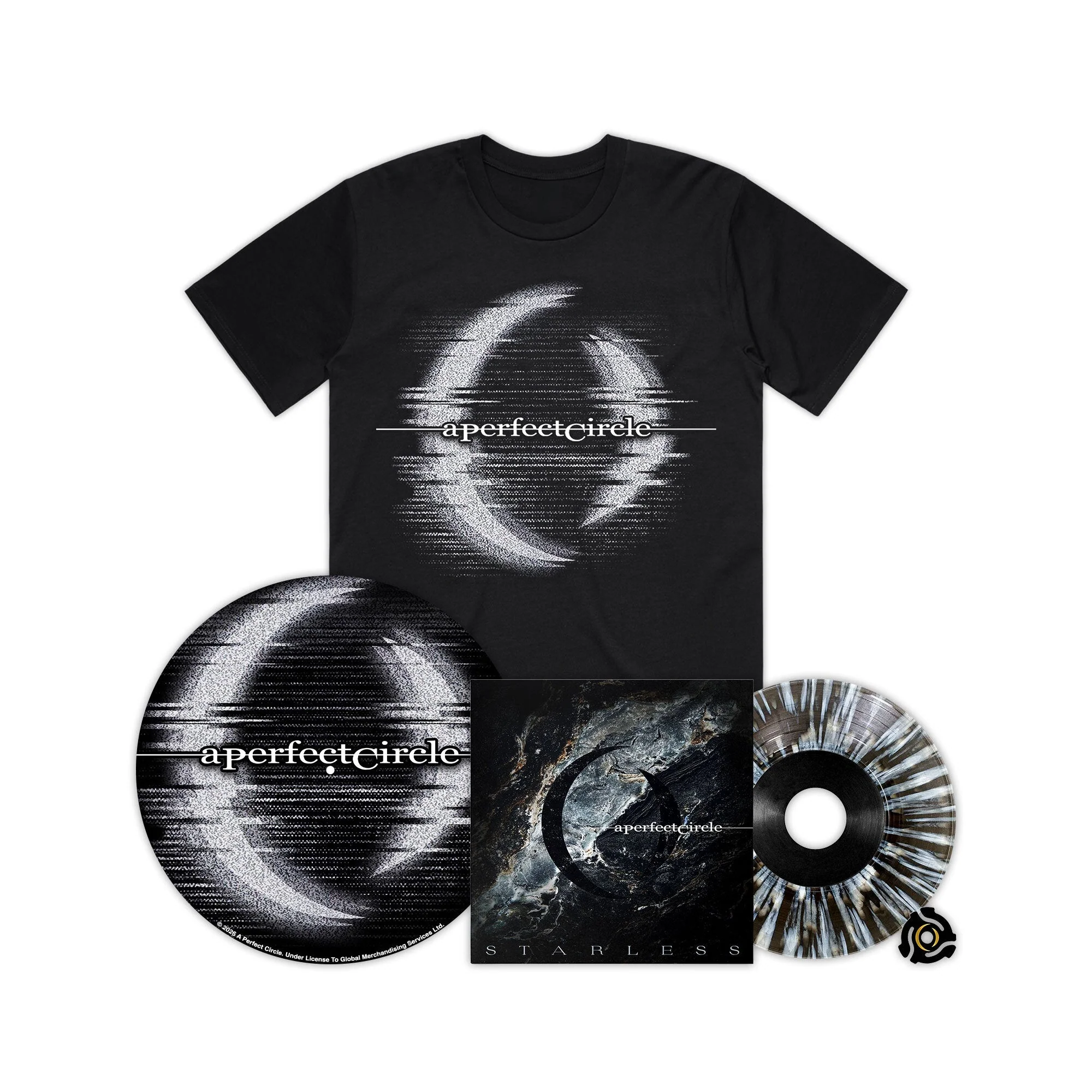 A PERFECT CIRCLE ‘STARLESS’ 7" (Exclusive – Limited to 1000, Transparent Black Ice w/ White Splatter & B-Side Etching Vinyl) + EXCLUSIVE "STATIC" T-SHIRT & SLIPMAT