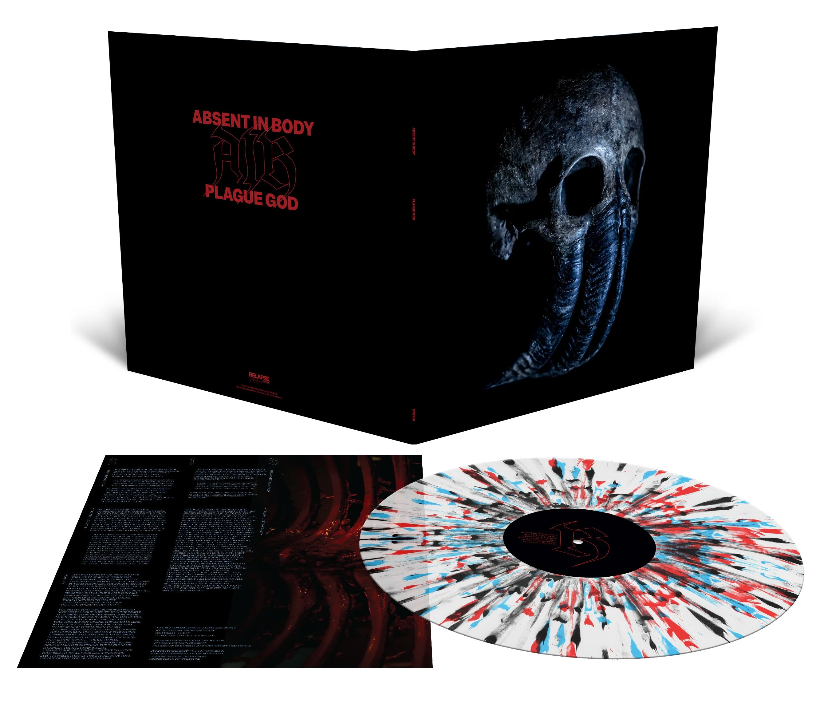 ABSENT IN BODY 'PLAGUE GOD' LP - EXCLUSIVE - LTD. 500 - MILKY CLEAR/CYAN BLUE/BLOOD RED SPLATTER