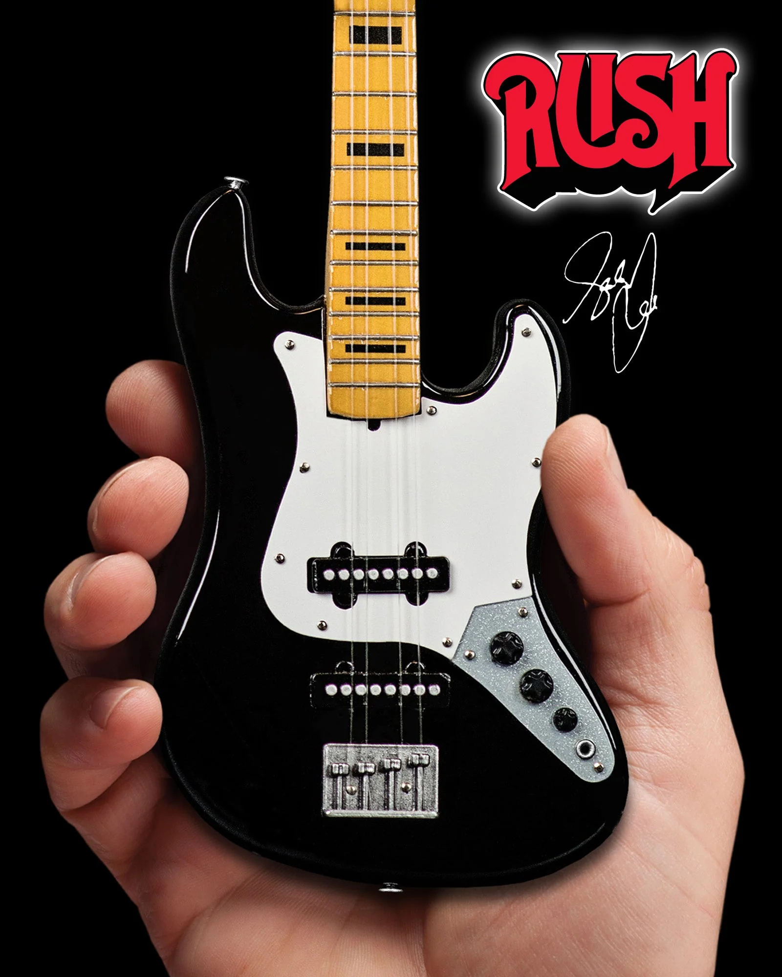 GEDDY LEE FENDER' JAZZ BASS' WITH BLACK INLAYS MINIATURE BASS GUITAR REPLICA - OFFICIALLY LICENSED