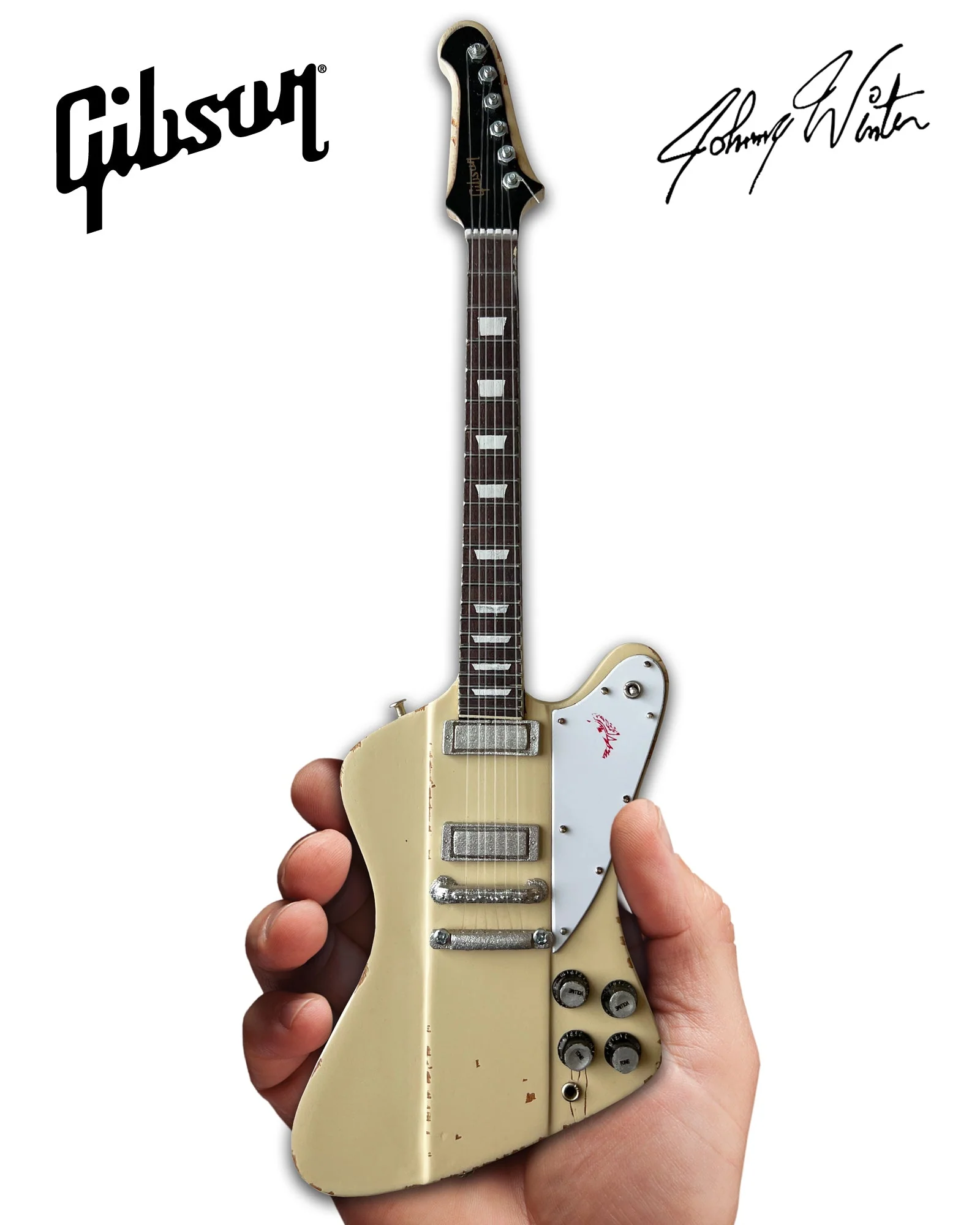 JOHNNY WINTER 1964 GIBSON FIREBIRD V POLARIS WHITE 1.4 SCALE MINI GUITAR - VINTAGE & DISTRESSED - Image 8